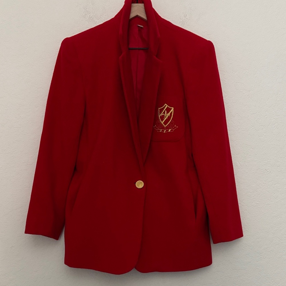 Luxurious red wool feel blazer with gold embroidered crest & gold button size S